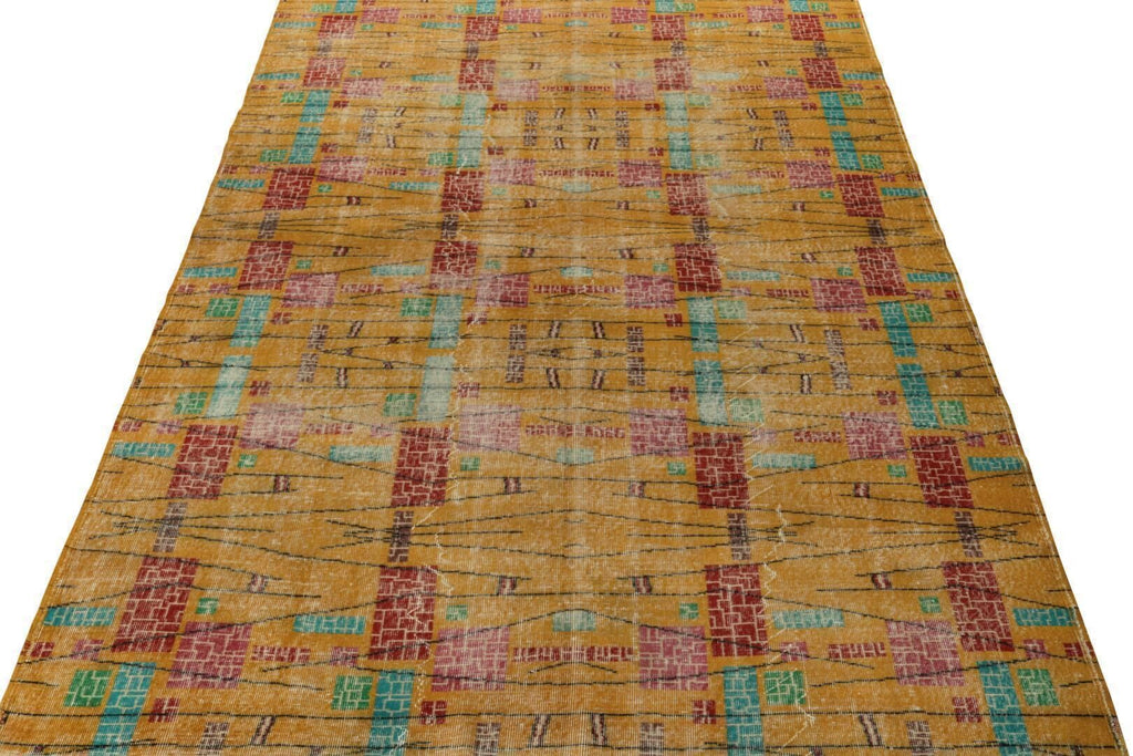 1960S Vintage Zeki M¼Ren Rug In In Gold, Red, Turquoise Geometric Pattern