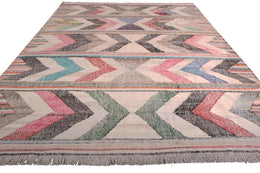 Contemporary Kilim Wool Beige Pink Chevron Arrow Pattern 23371