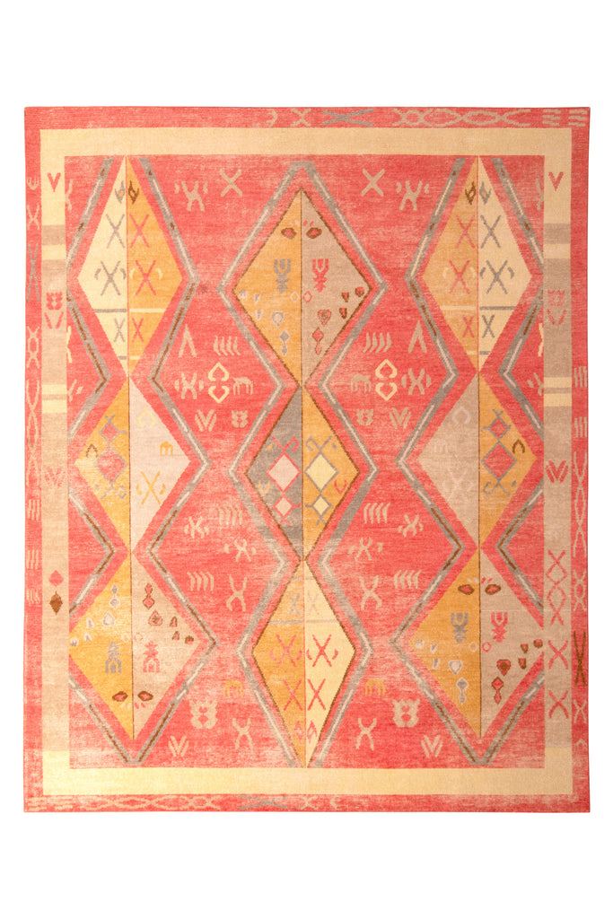 Hand-Knotted Moroccan Rug Red Gold Diamond Pattern