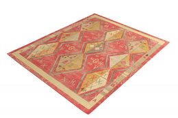 Hand-Knotted Moroccan Rug Red Gold Diamond Pattern