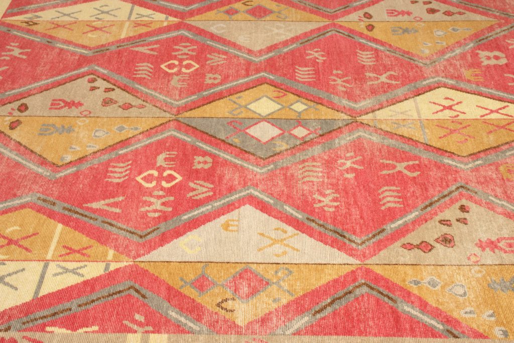 Hand-Knotted Moroccan Rug Red Gold Diamond Pattern