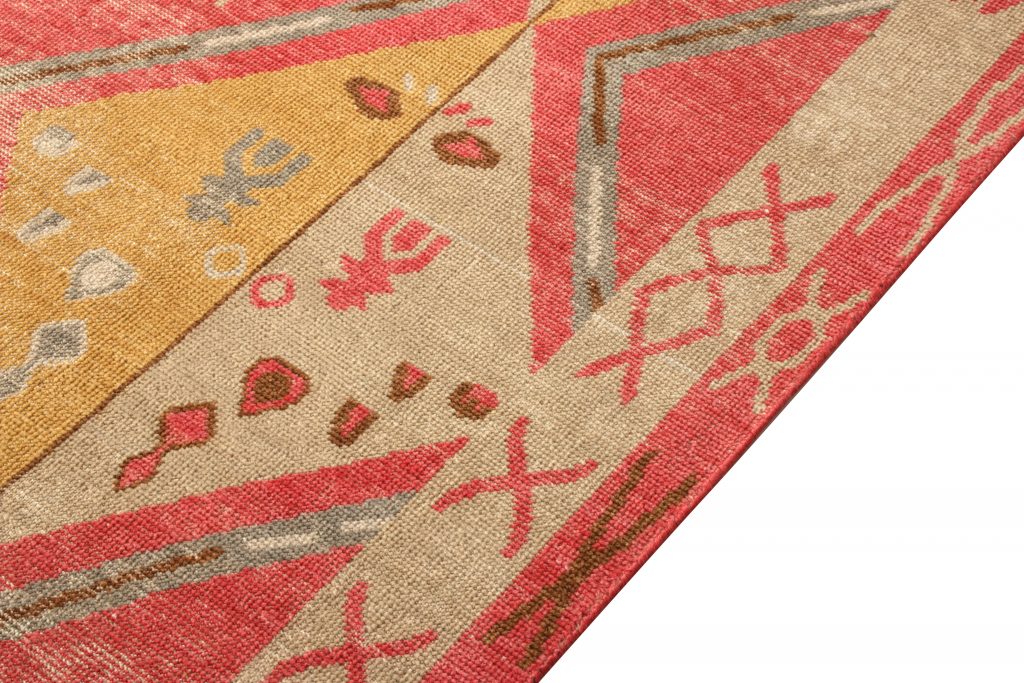 Hand-Knotted Moroccan Rug Red Gold Diamond Pattern