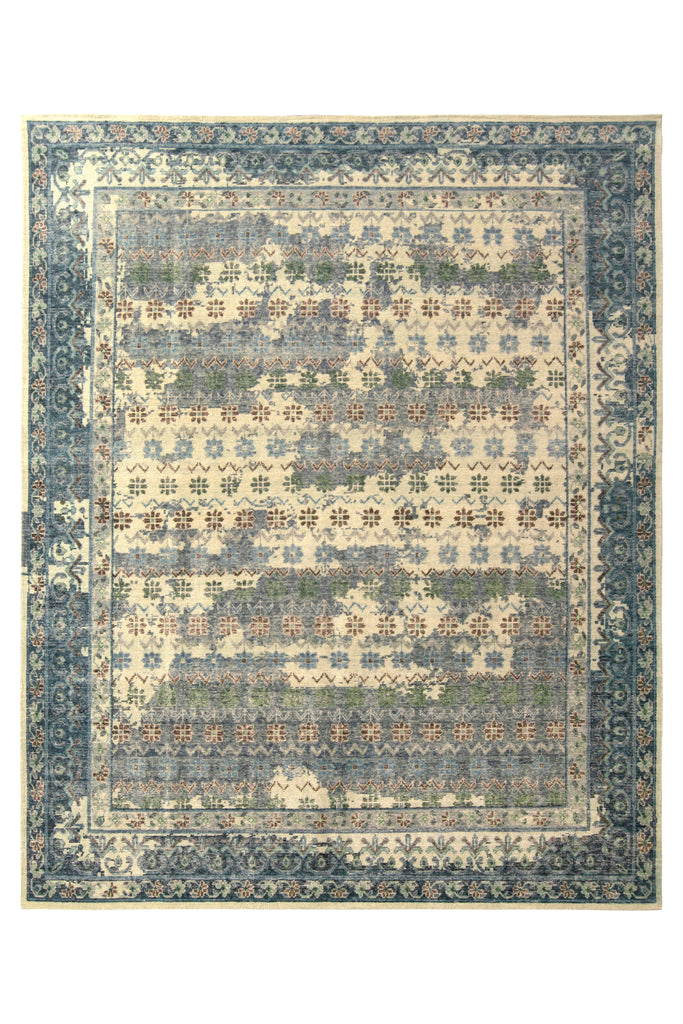 Hand-Knotted Agra Rug Beige Brown Distressed Floral Pattern