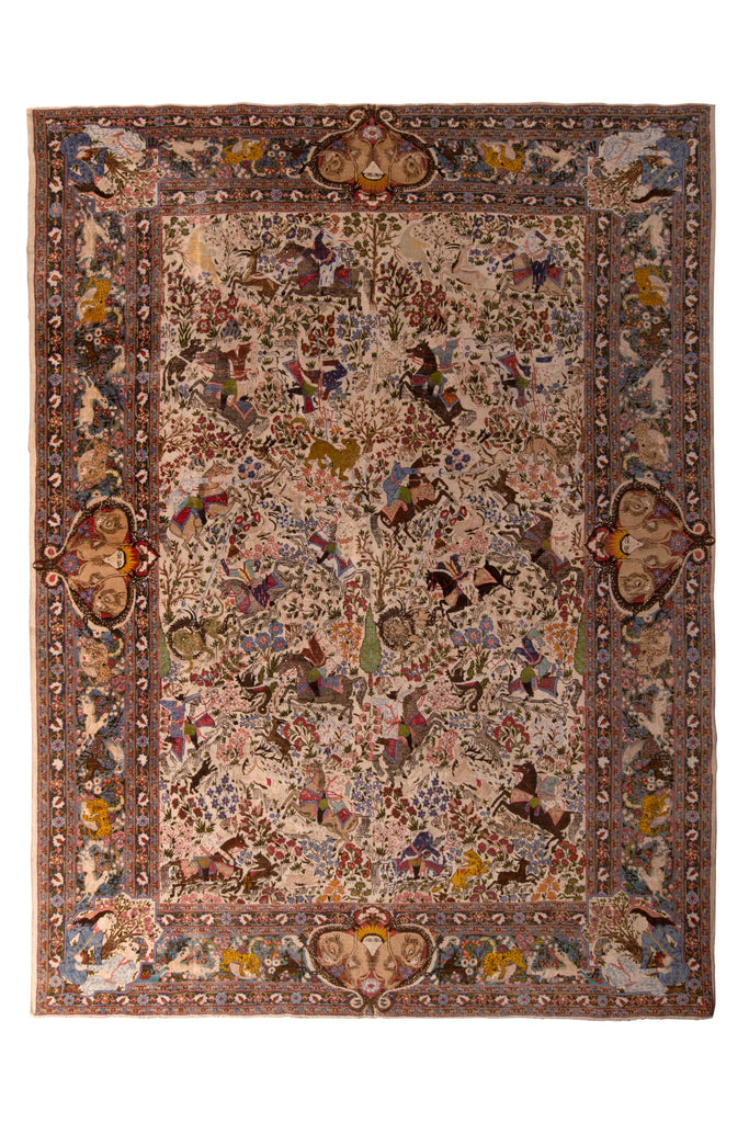 Hand-Knotted Antique Tabriz Style Rug Beige Blue Pictorial All Over Pattern 23533