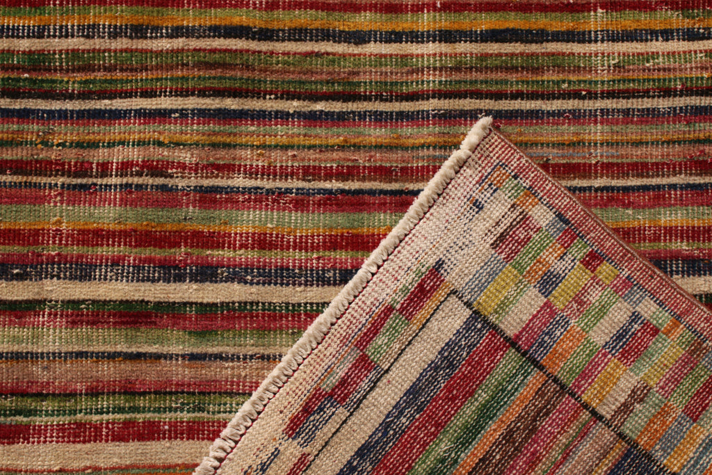 1960S Distressed Mid-Century Rug Beige Red Multicolor Vintage Striped Pattern 23547