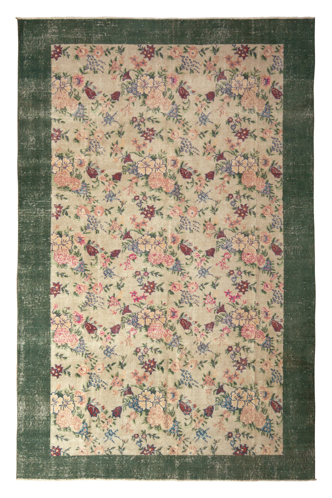 1960S Vintage Mid-Century Rug Pink And Green Transitional Floral Pattern 23579