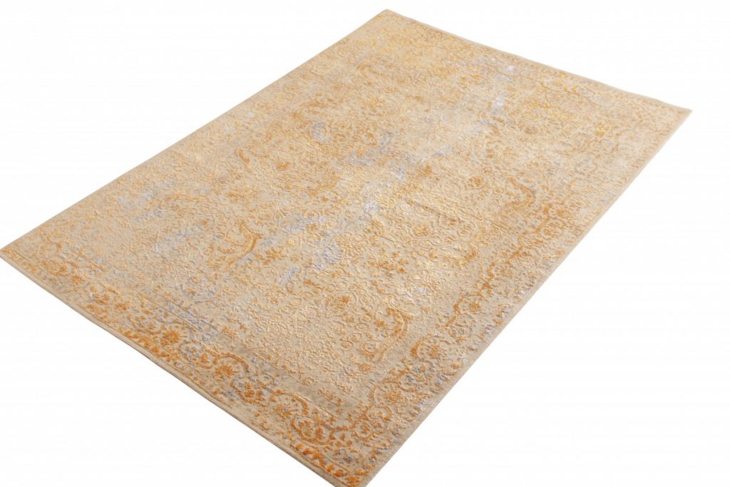 Rug & Kilim's Transitional Style Rug In Beige And Gold High-Low Floral Pattern - 108"