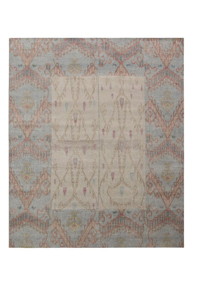 Rug & Kilim's Ikats Style Distressed Rug In Beige And Blue Geometric Pattern 23717