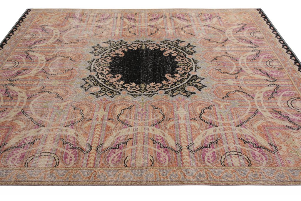 Rug & Kilim's Persian Style Distressed Rug In Pink With Black Medallion Pattern 23723