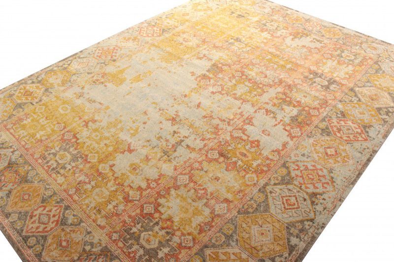 Rug & Kilim's Distressed Style Classic Rug, Orange-Gold, Blue Geometric Pattern