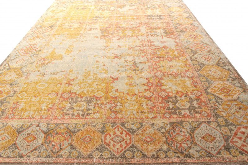 Rug & Kilim's Distressed Style Classic Rug, Orange-Gold, Blue Geometric Pattern