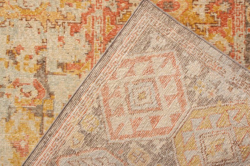 Rug & Kilim's Distressed Style Classic Rug, Orange-Gold, Blue Geometric Pattern