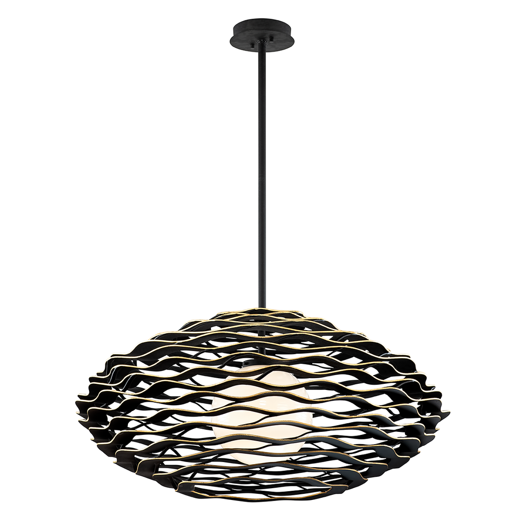 Luma Pendant 25" - Textured Black with Gold Leaf