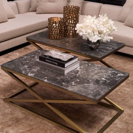 Coffee Table Criss Cross Brushed Brass Finish Grey Marble