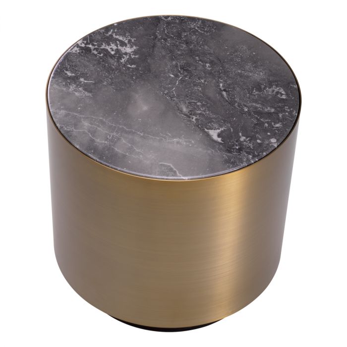 Side Table Porter Round Brushed Brass Finish Grey Marble