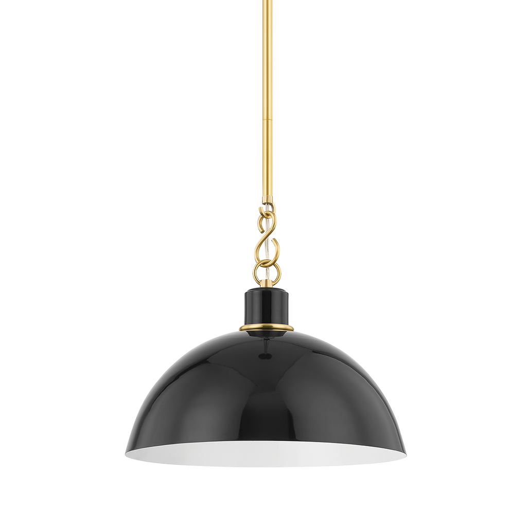 Camille 1 Light Pendant - Aged Brass 9.25" - Glossy Black