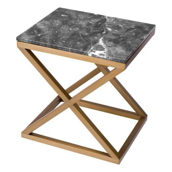 Side Table Criss Cross Brushed Brass Finish Grey Marble
