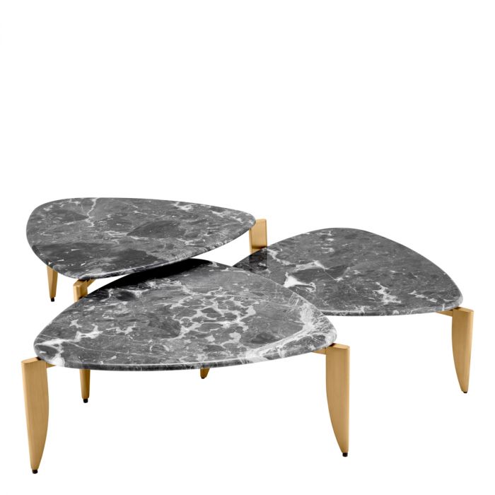 Coffee Table Reggioni Brushed Brass Finish Grey Marble Set Of 3