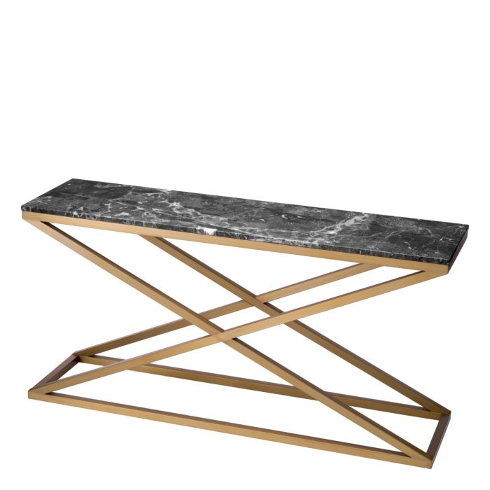 Console Table Criss Cross Brushed Brass Finish Grey Marble