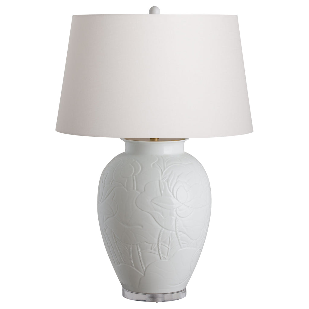 Lotus Engraved Vase, White Lamp 34"H
