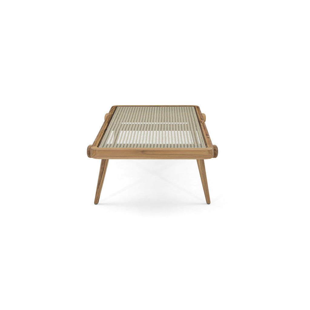 Plot Coffee Table in Teak with Cane Webbing Under a Tempered Glass Top