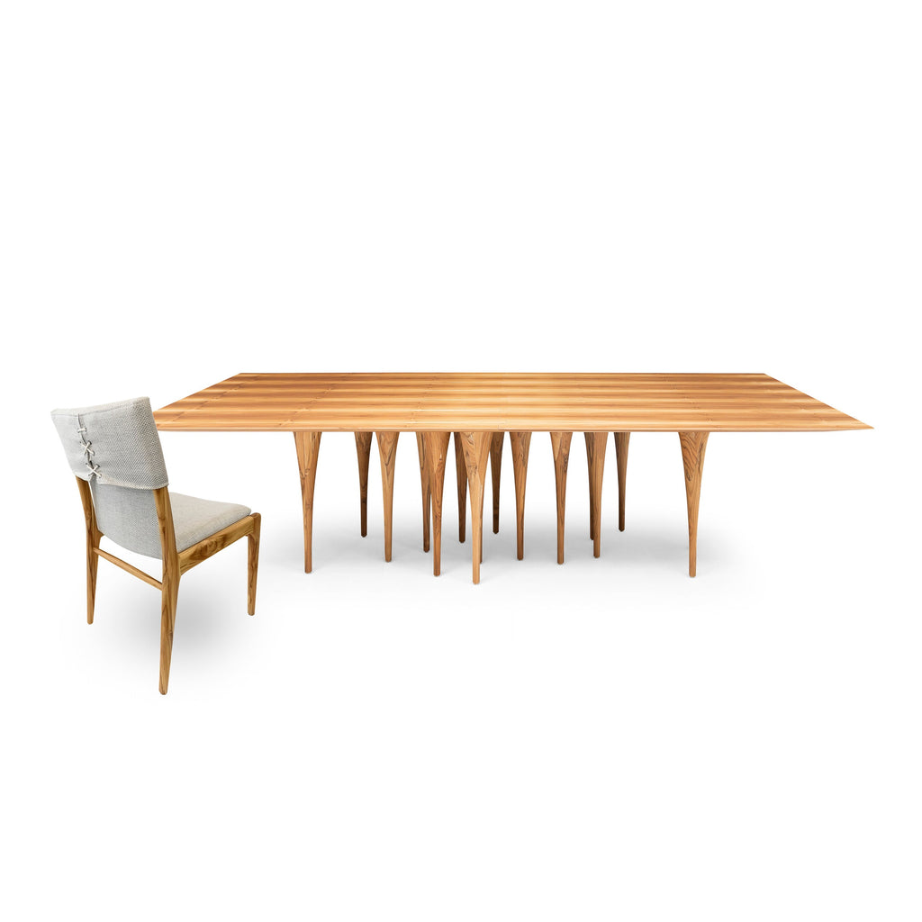118" Pin Dining Table with a Teak Veneered Table Top and 16 Legs