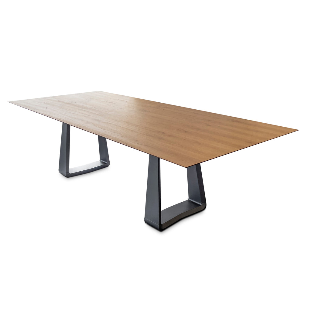 98" Wing Dining Table with Chamfered Teak Veneered Top and Graphite Painted Base