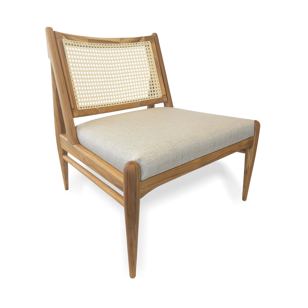 Donna Cane-Back Armchair in Teak Finish with Light Fabric Seat