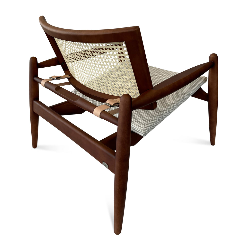 Soho Curved Cane-Back Chair in Walnut with Herringbone Fabric Chair Seat