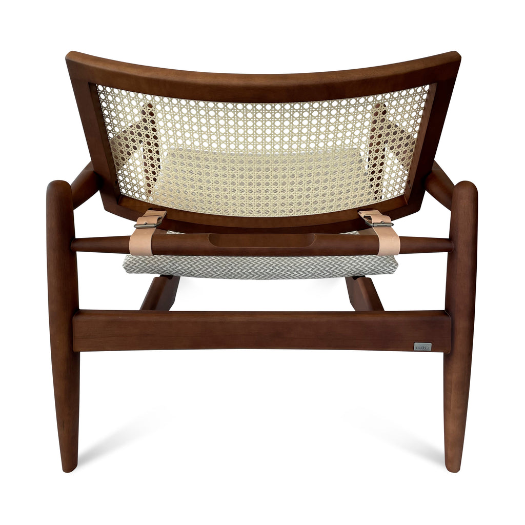 Soho Curved Cane-Back Chair in Walnut with Herringbone Fabric Chair Seat