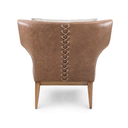 Busto Leather Curved Back and Fabric Seat Armchair with Teak-Framed Base