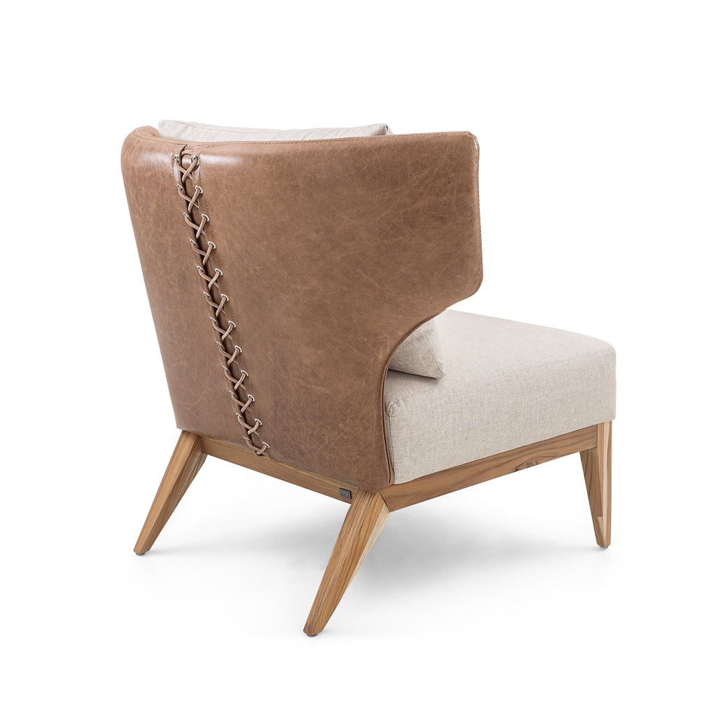 Busto Leather Curved Back and Fabric Seat Armchair with Teak-Framed Base