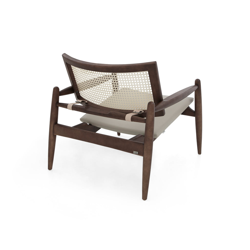Soho Curved Cane-Back Chair in Walnut with Gray Leather Chair Seat