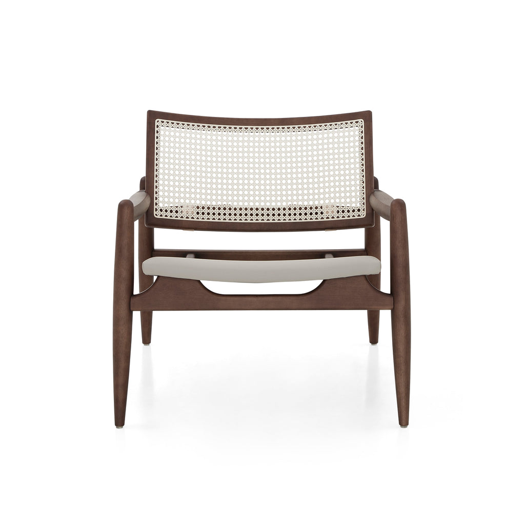 Soho Curved Cane-Back Chair in Walnut with Gray Leather Chair Seat