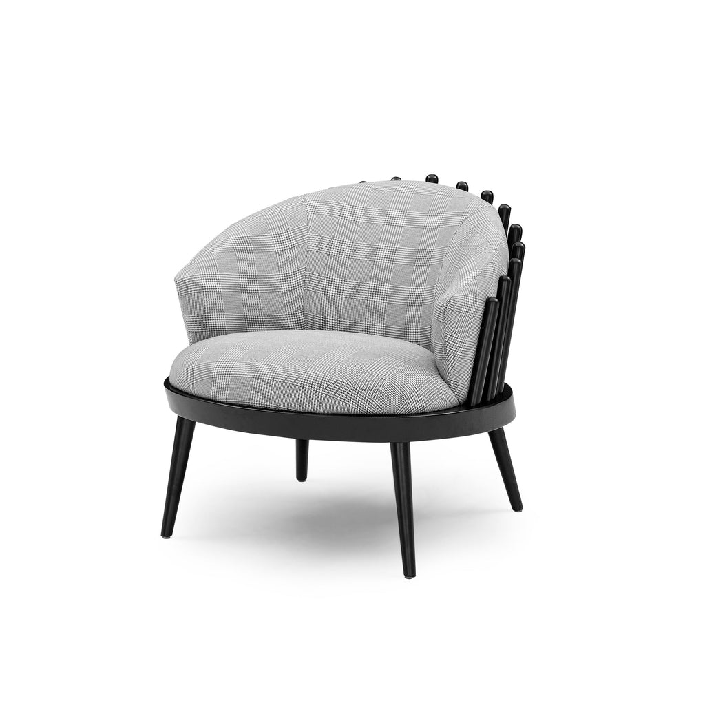 Fane Upholstered Armchair in Black Wood Finish and Plaid Fabric