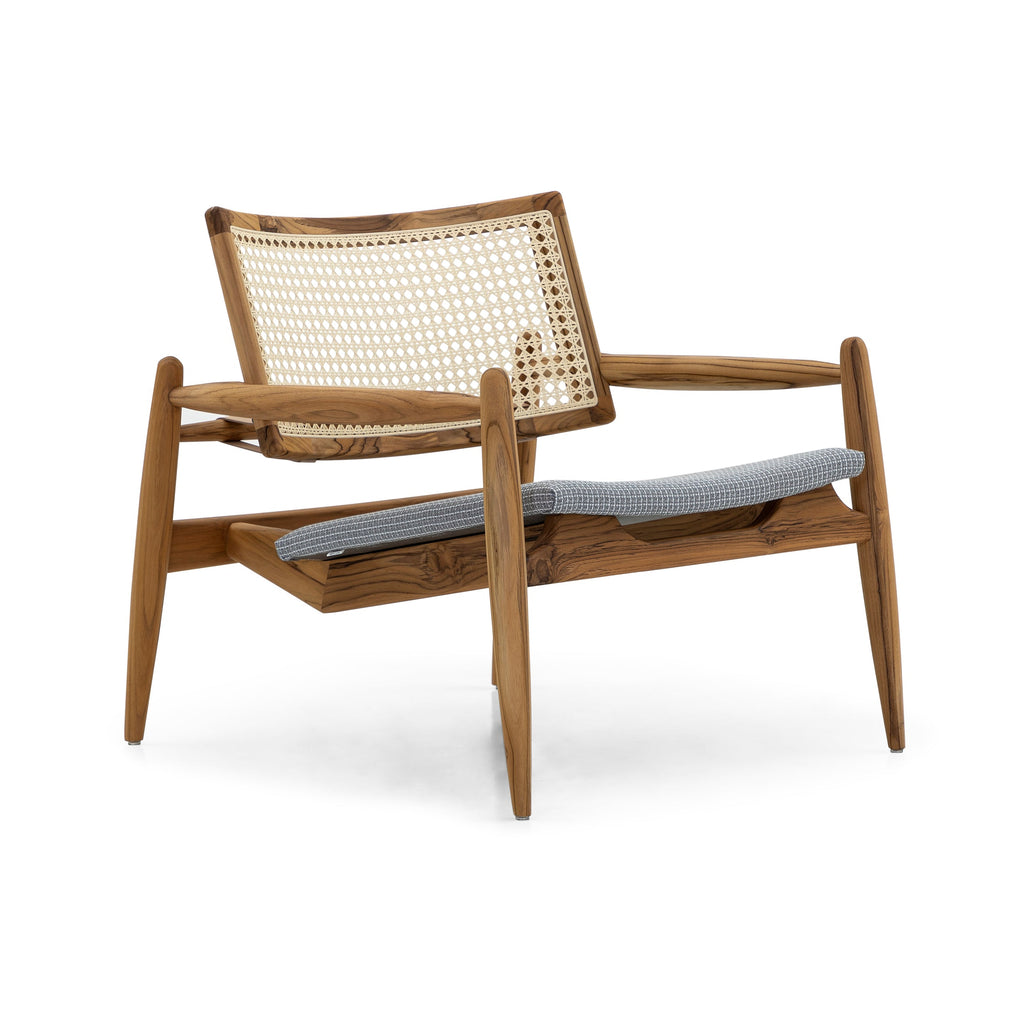 Soho Curved Cane-Back Chair in Teak and Gray Plaid Fabric