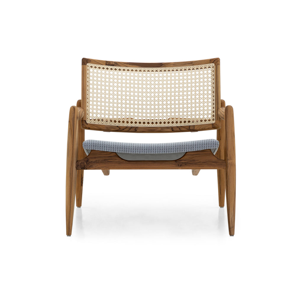 Soho Curved Cane-Back Chair in Teak and Gray Plaid Fabric