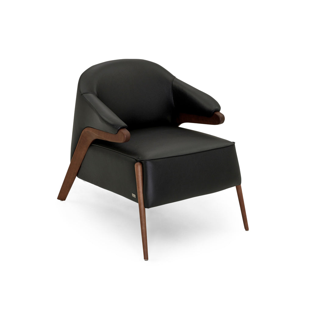 Osa Upholstered Curve Back Armchair in Walnut Finish and Black Leather