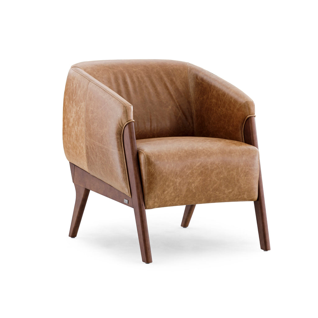 Abra Armchair in Brown Leather and Walnut Finish