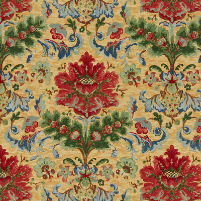 Windsor Damask Cotton & Linen Print - Red On Topaz (Sample)