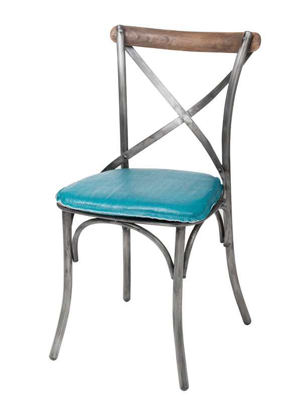 Metal Crossback Chair with Peacock Blue Seat Cushion - Set of 2