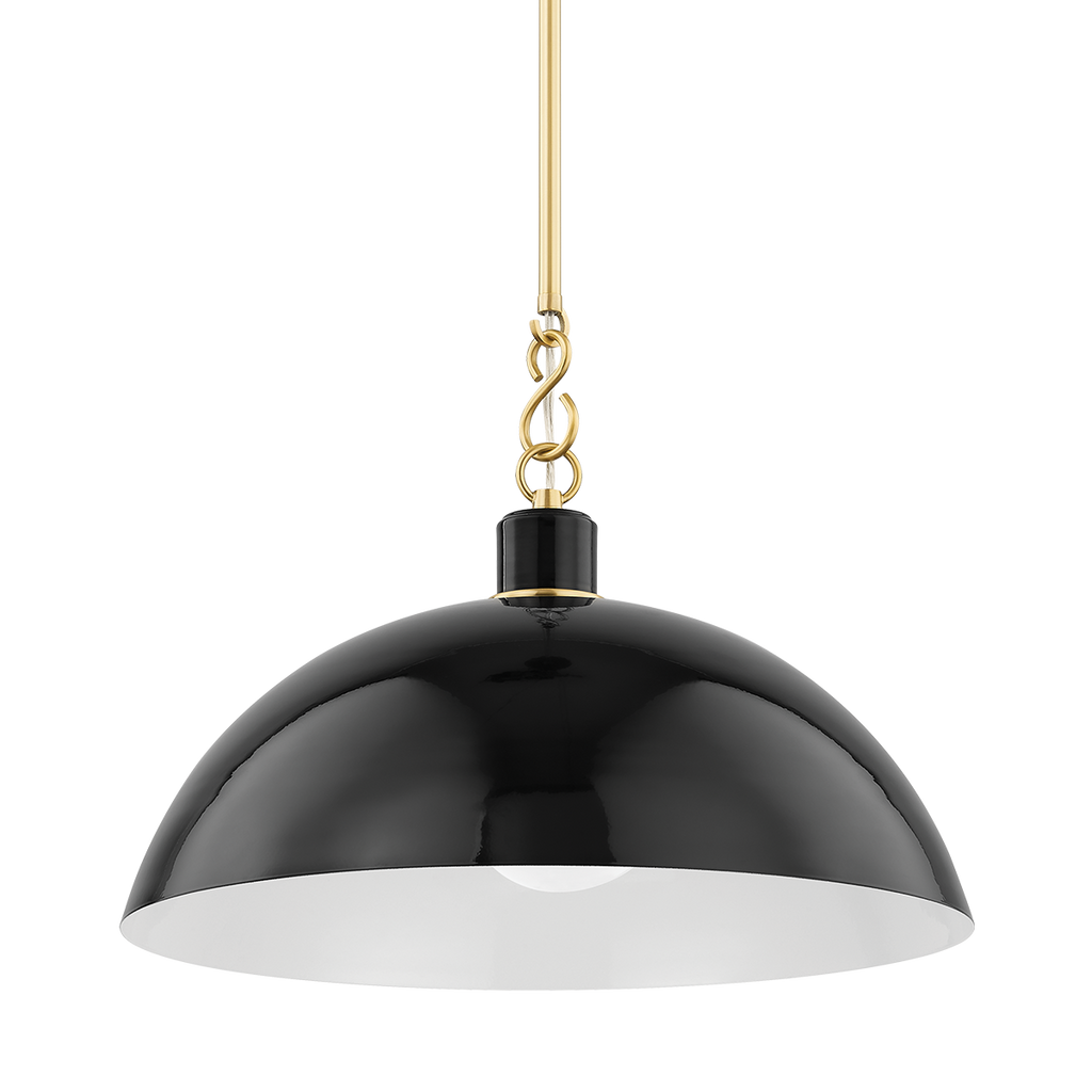 Camille 1 Light Pendant - Aged Brass 10.75" - Glossy Black