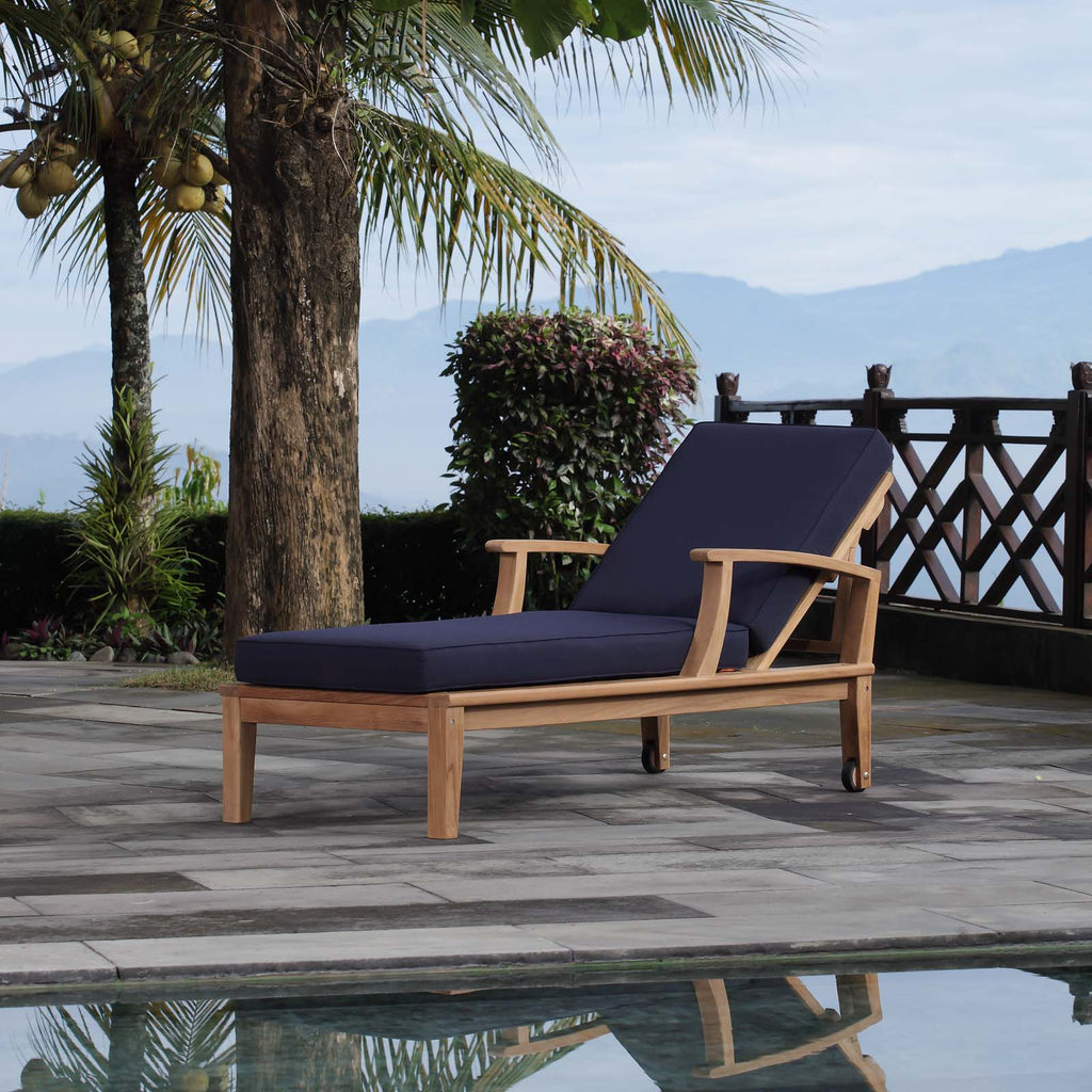 Marina Outdoor Patio Teak Single Chaise in Natural Navy