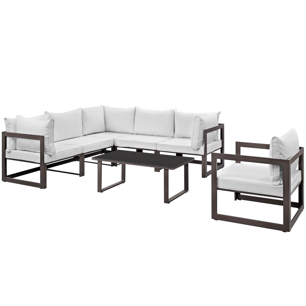 Fortuna 7 Piece Outdoor Patio Sectional Sofa Set in Brown White-2