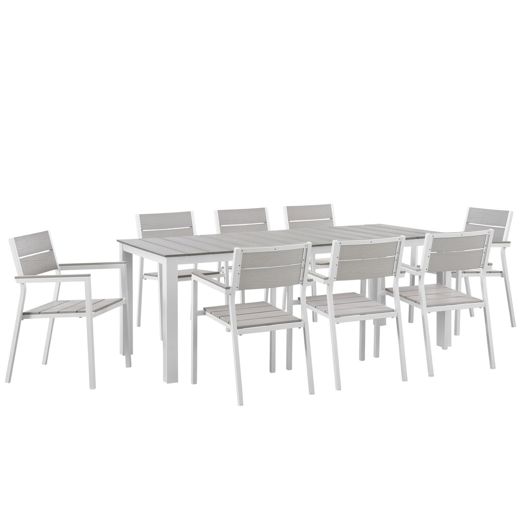 Maine 9 Piece Outdoor Patio Dining Set in White Light Gray