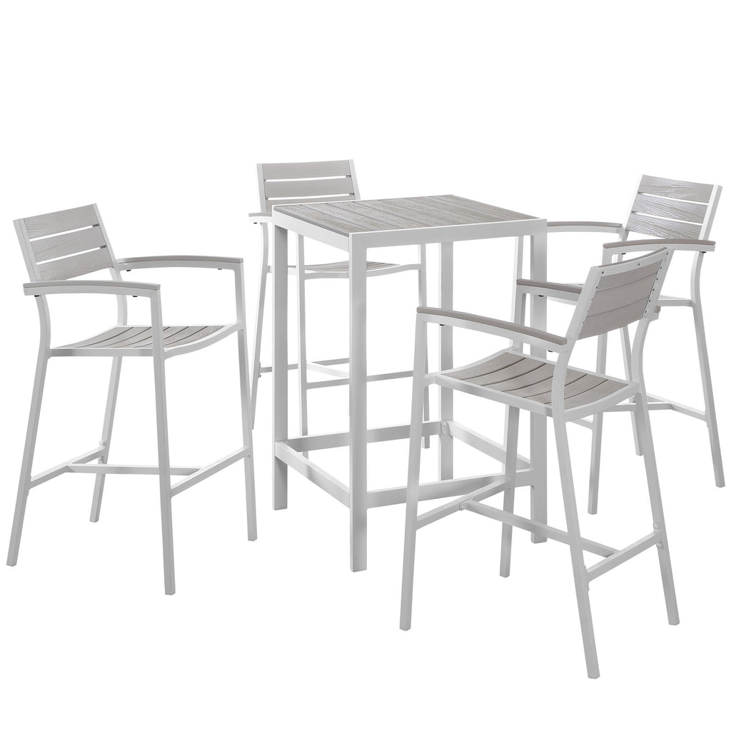 Maine 5 Piece Outdoor Patio Bar Set in White Light Gray