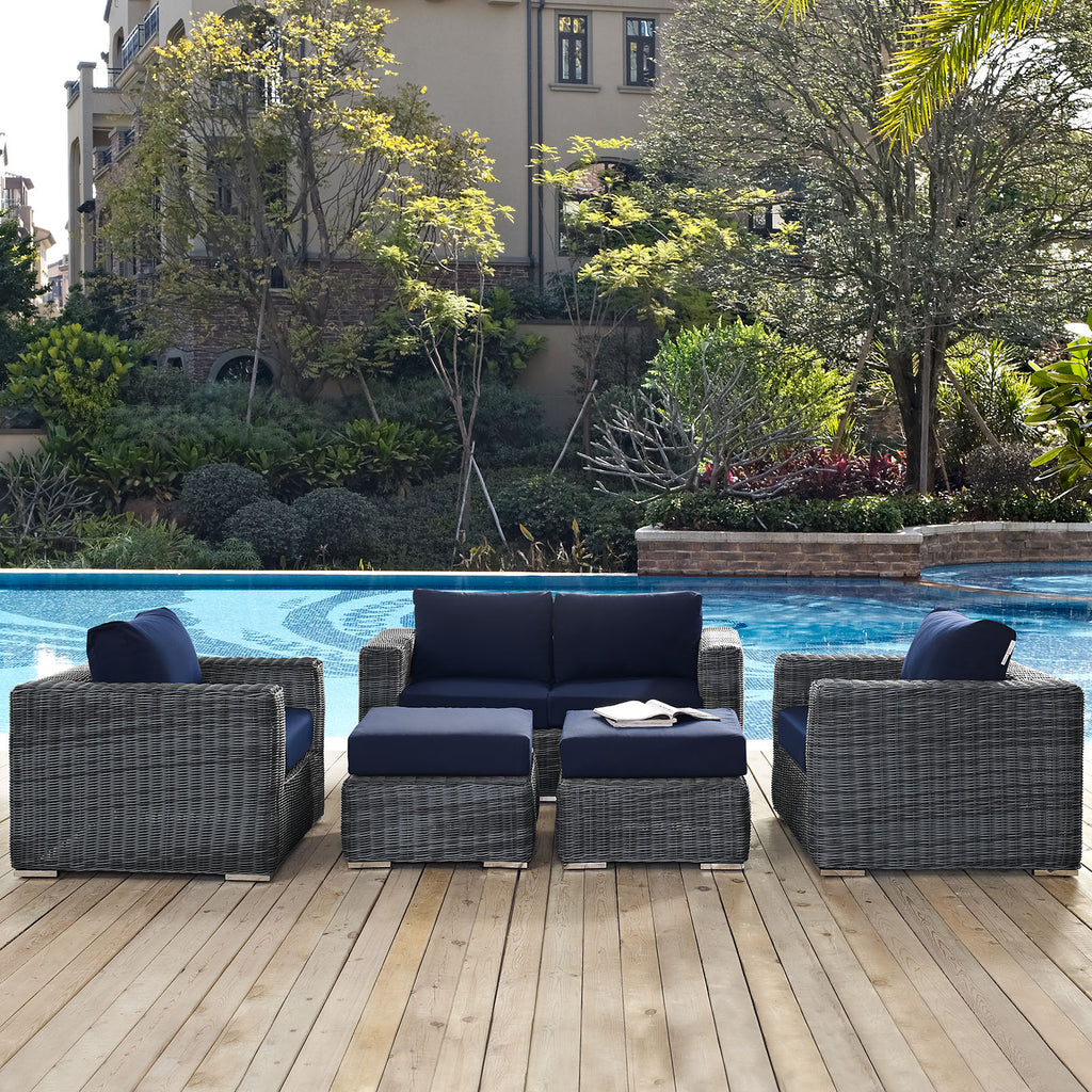 Summon 5 Piece Outdoor Patio Sunbrella Sectional Set in Canvas Navy-4