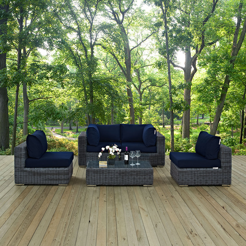 Summon 5 Piece Outdoor Patio Sunbrella Sectional Set-Canvas Navy-4