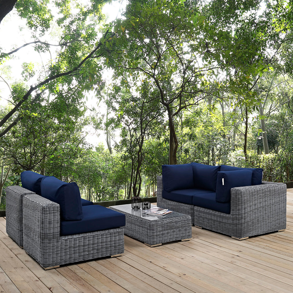 Summon 5 Piece Outdoor Patio Sunbrella Sectional Set-Canvas Navy-4