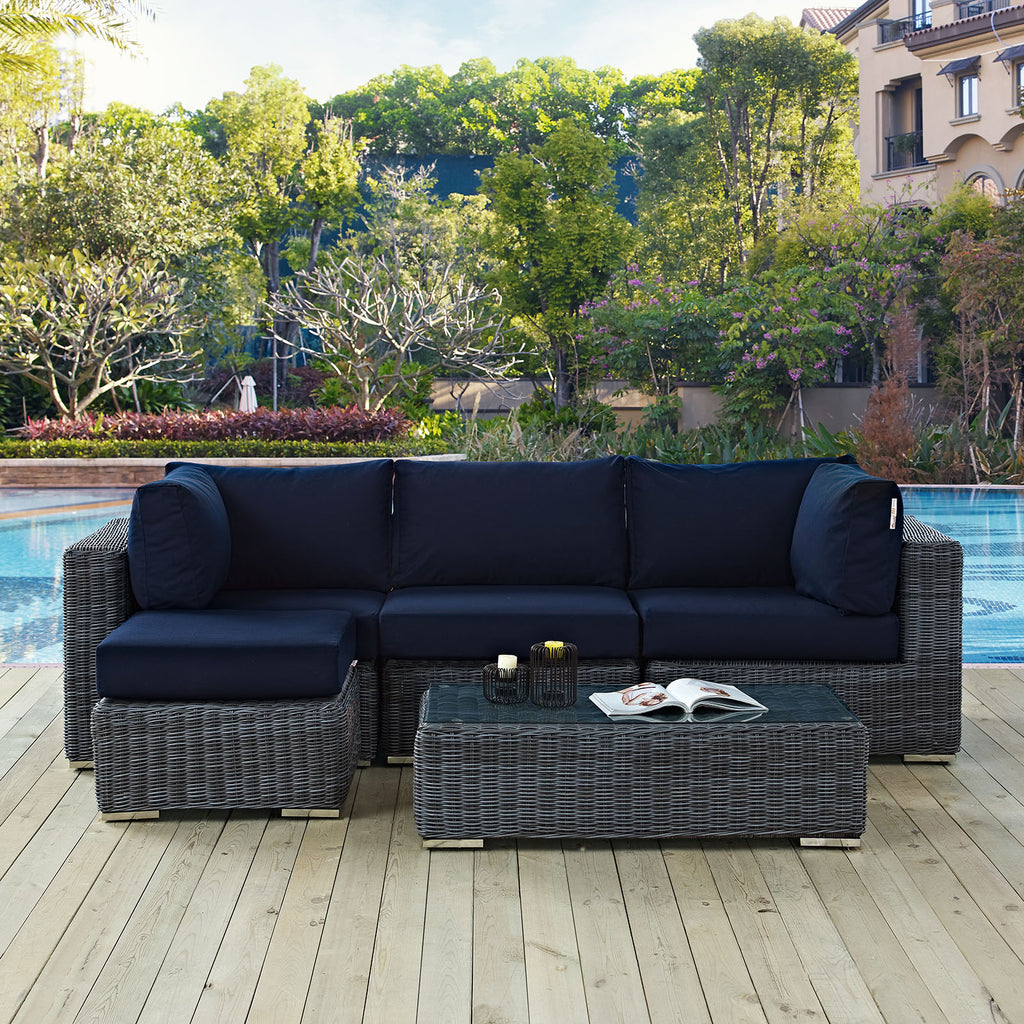 Summon 5 Piece Outdoor Patio Sunbrella Sectional Set-Canvas Navy-3